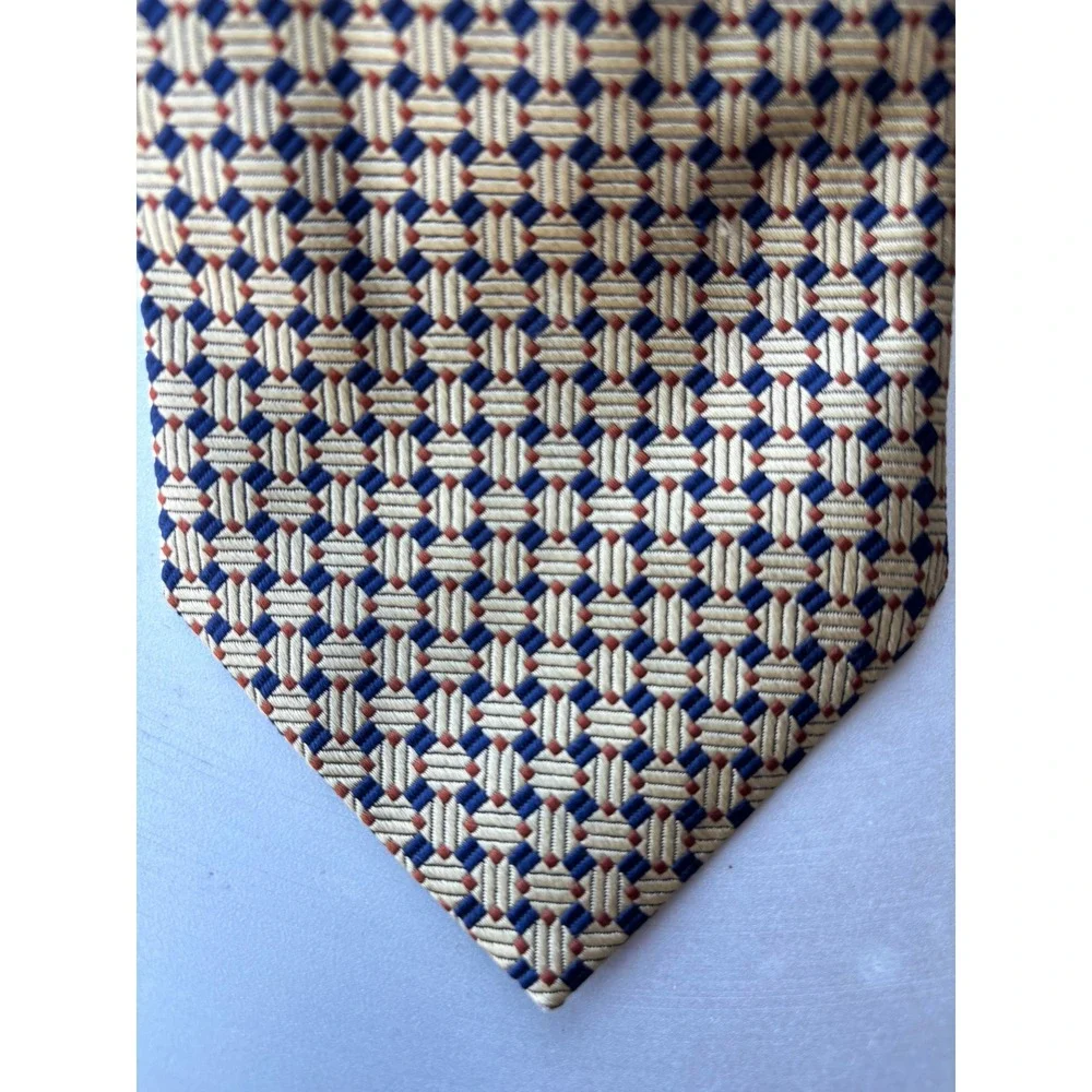 Nautica Mens Silk Tie Gold Navy Blue Burgundy Geometric Diamond Pattern Classic